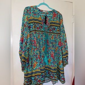 Long Sleeve Floral Casual Print Cotton Mini Tunic Dress
